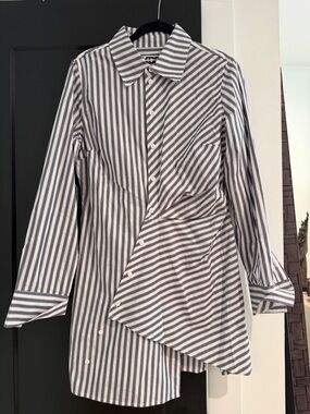 Striped Asymmetric Mini Dress - Gray/White